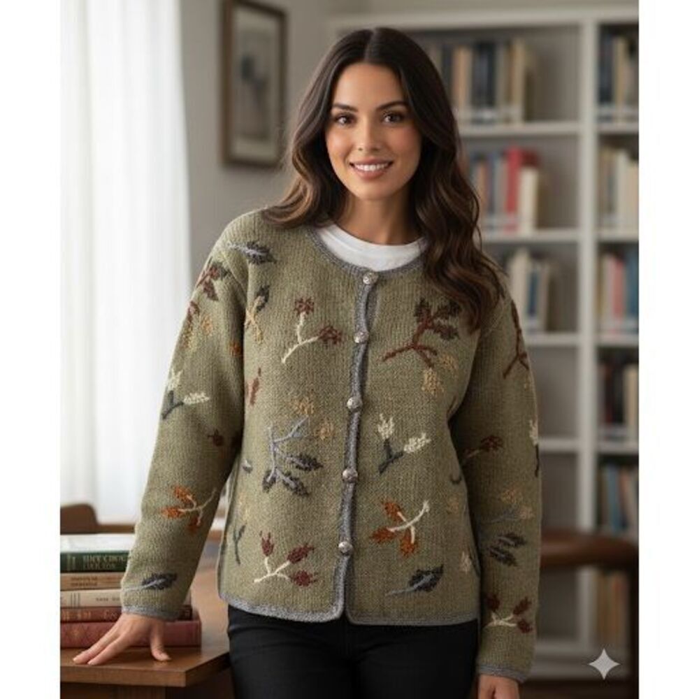 Vintage Nomadic Traders Button Front Cardigan size M Green Embroidered Wool Blen